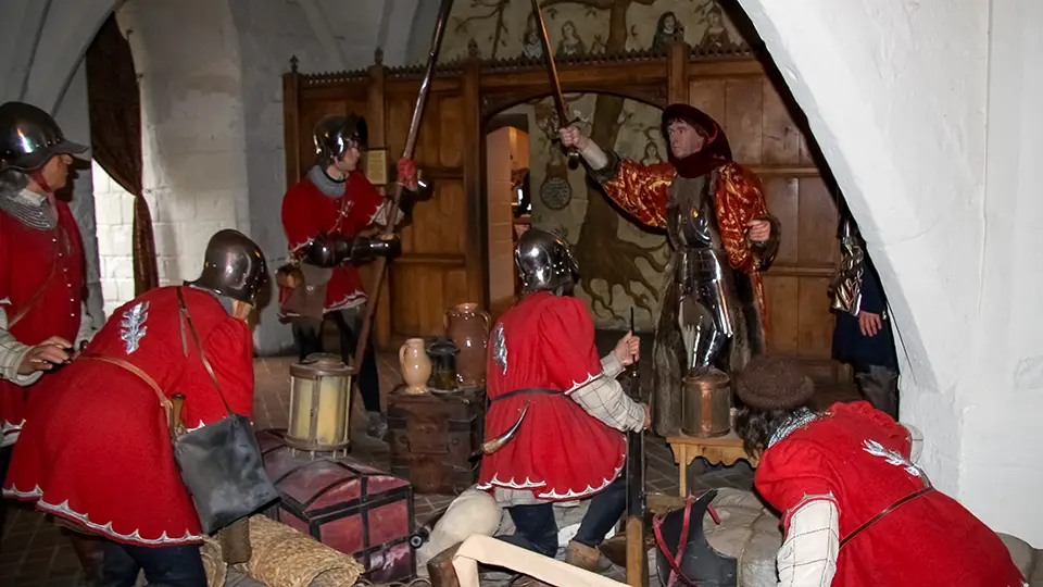 Warwick Castle w Anglii i inscenizacja rycerskiej sali.