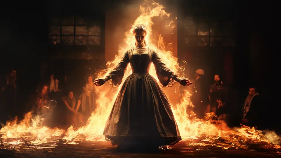 Płonąca na stosie kobieta, czarownica i wiedźma