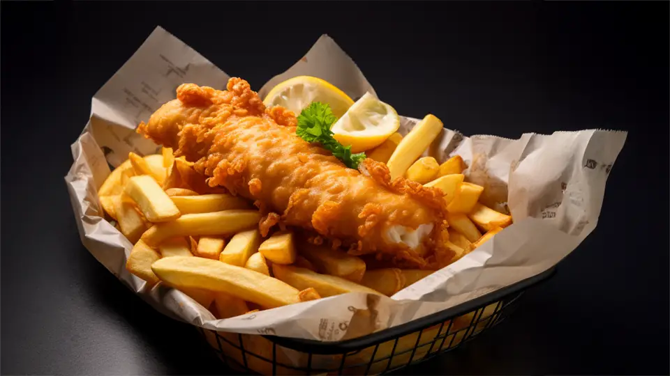Fish and Chips na talerzu w koszyku i gazecie AI