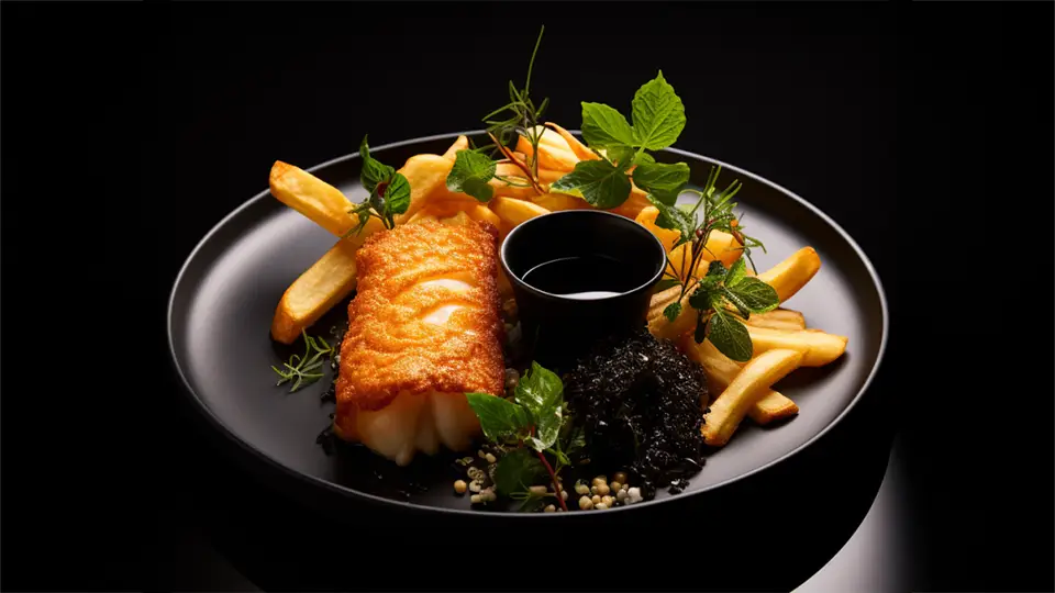 Fish and Chips na talerzu w luskusowym wydaniu AI 