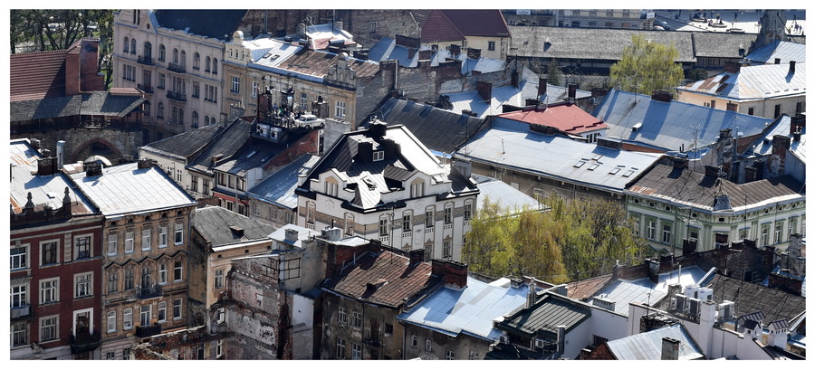 Lwów, Ukraina, dachy miasta, trabant na dachu, widok na Lwów