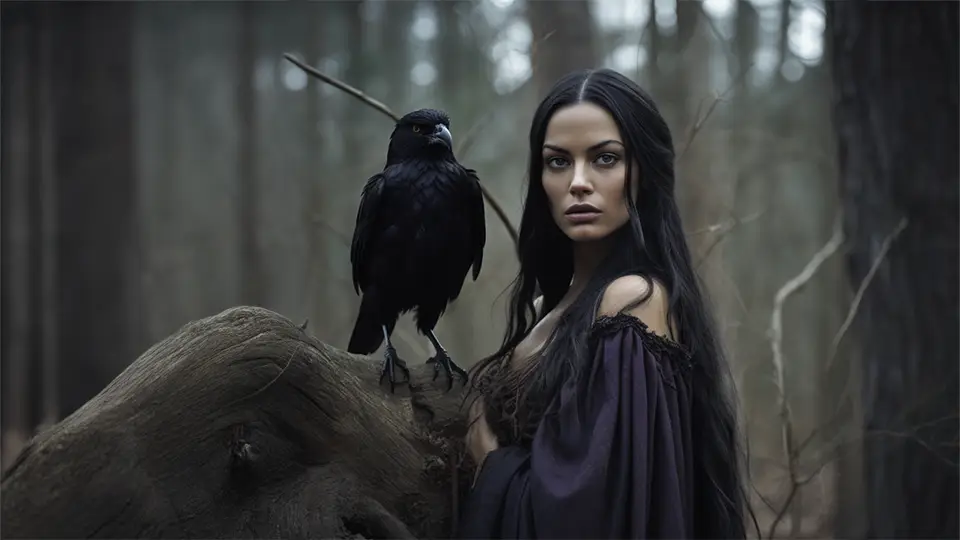 Legenda ukraińska, kobieta z ptakiem. Wrona, kruk, AI