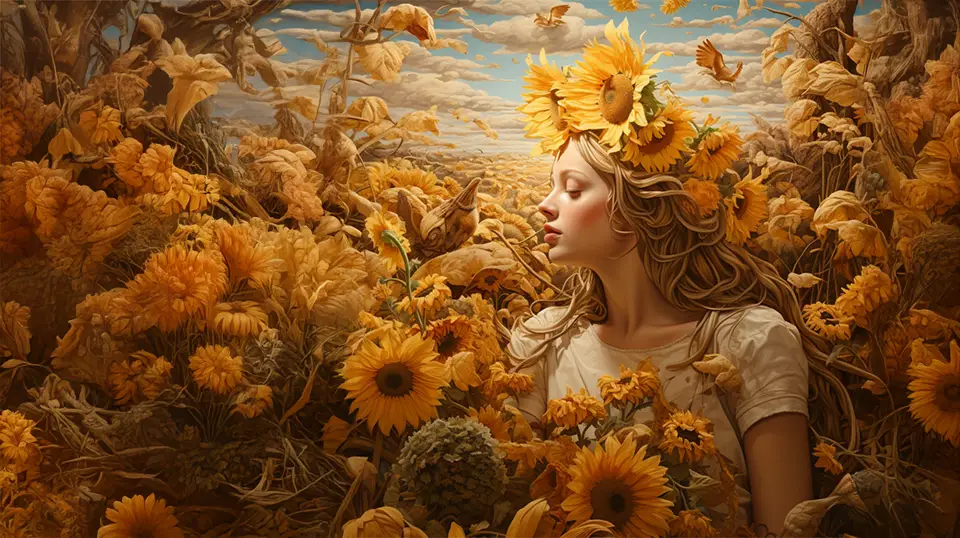 Dziewczyna na łące pełnej kwiatów, słoneczniki AI.