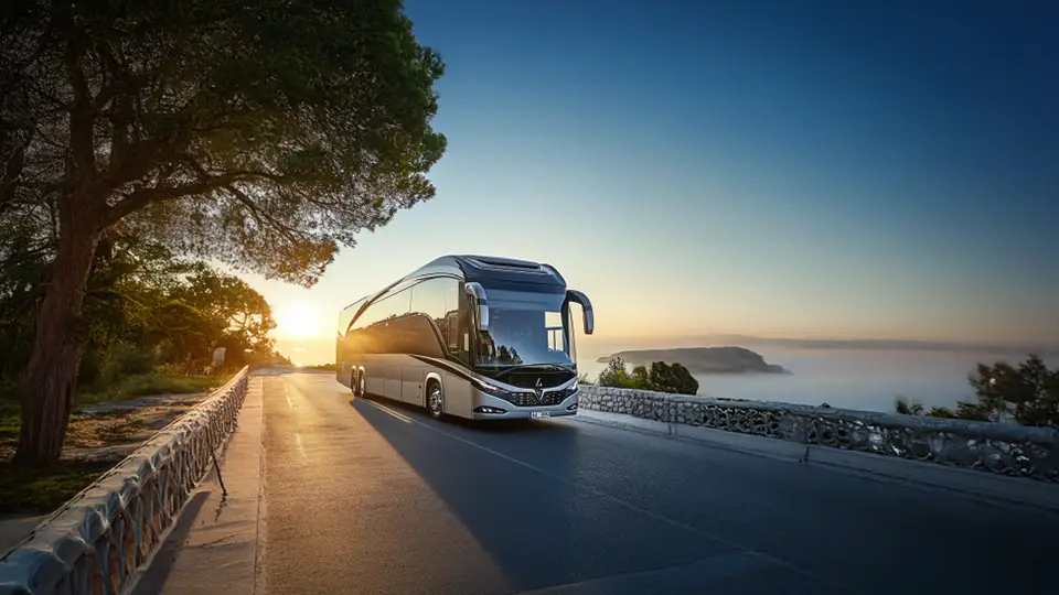 Podróż autobusem po autostradzie. Autokar na szosie AI