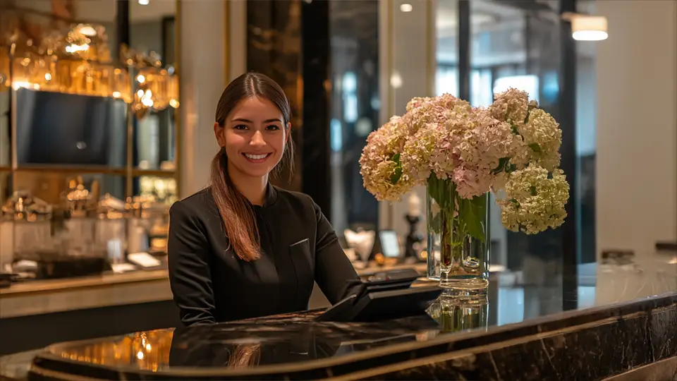 Hotel lobby i rejestracja. Dziewczyna za ladą AI