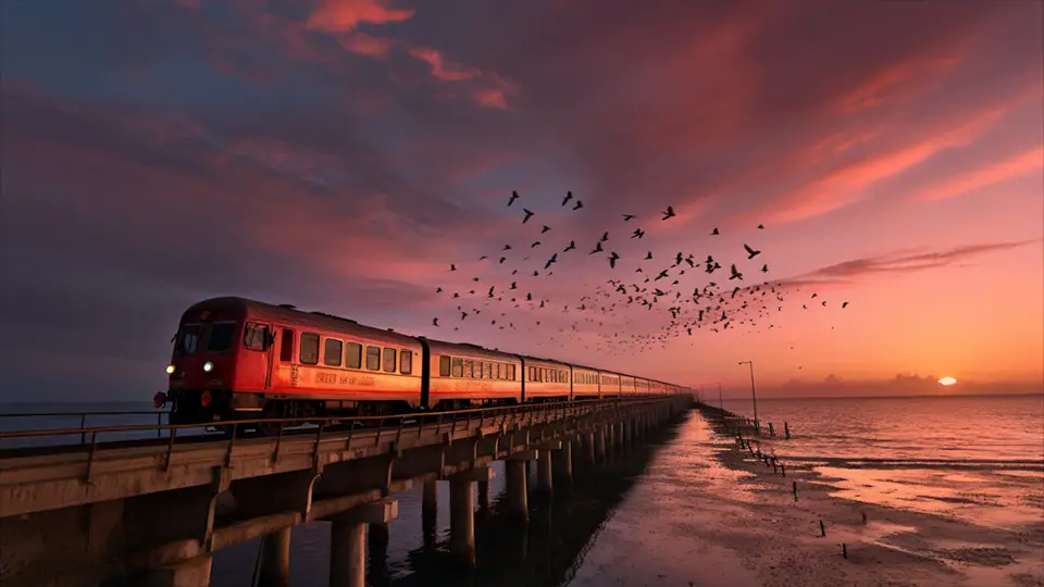 Pociąg i zachód słońca. Podróż pociągiem AI