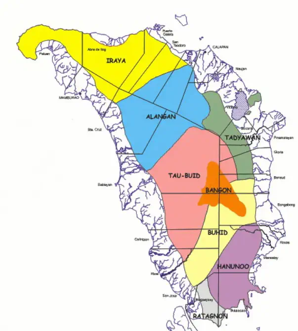 Mapa przedstawiająca obszary na których żyją odłamy plemienia Mangyan na wyspie Mindoro.