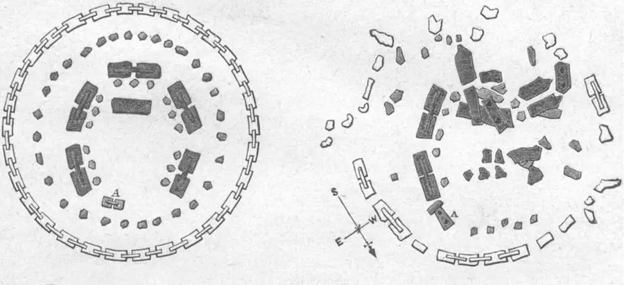 Schemat Stonehenge w oryginalnym stanie oraz tak jak wygląda dzisiaj