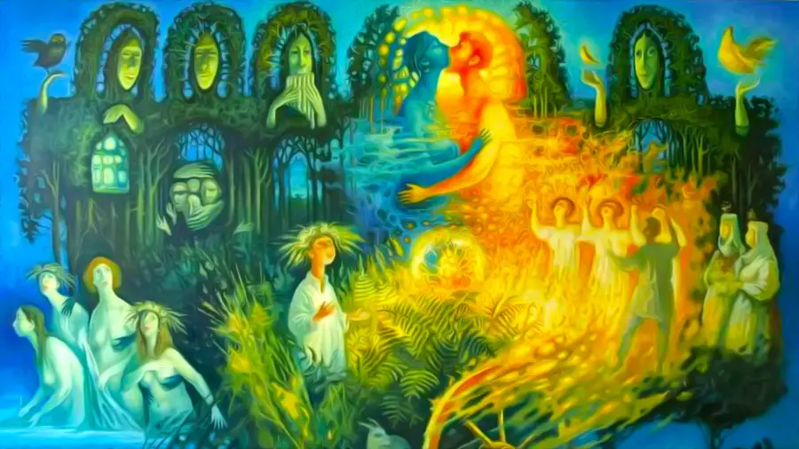 Obraz przedstawiający symbole związane z Nocą Kupały