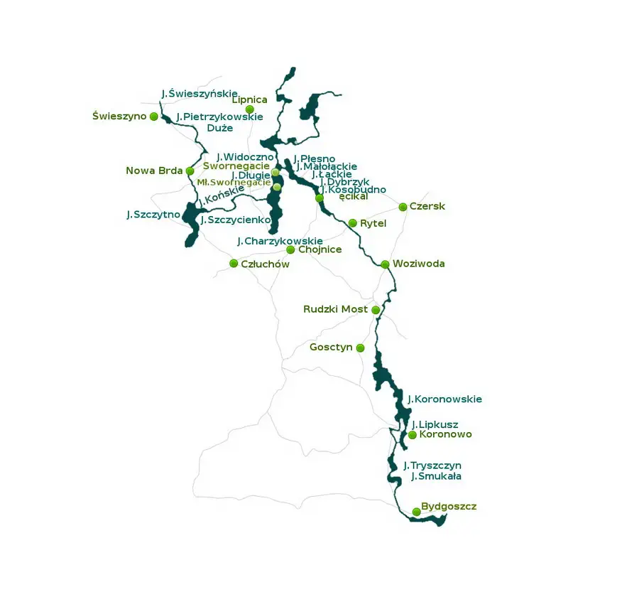 Rzeka Brda z ważniejszymi miejscowościami i jeziorami leżącymi na jej szlaku