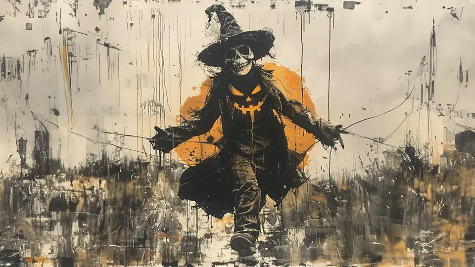 Tańczący kościotrup z dynią w halloween AI