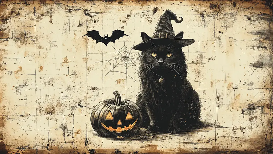 Kot z nietoperzem i dynią w Halloween AI