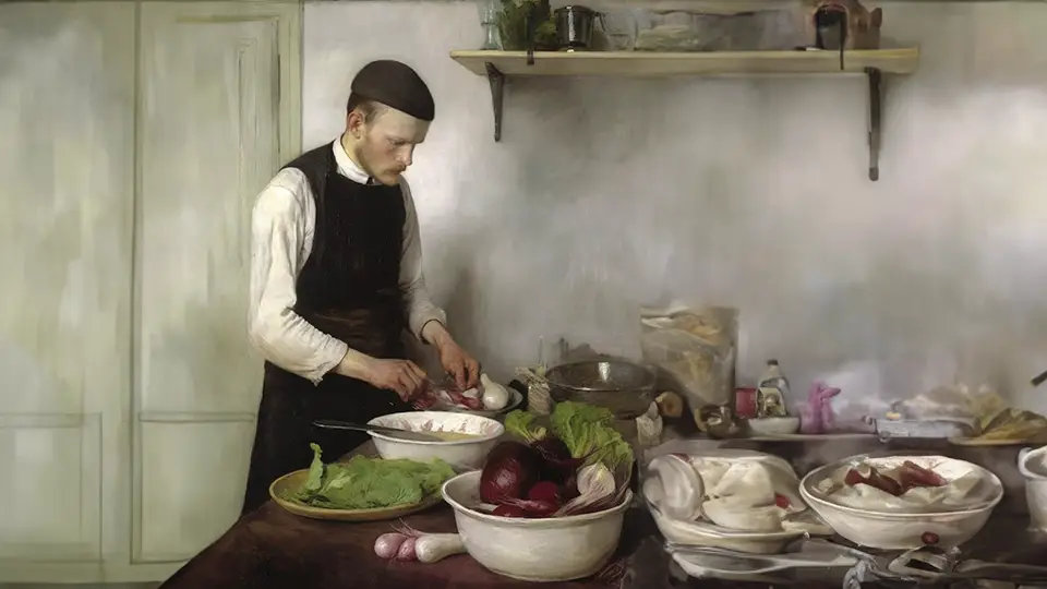 Dawna kuchnia i kucharz szykujący warzywa na obiad AI