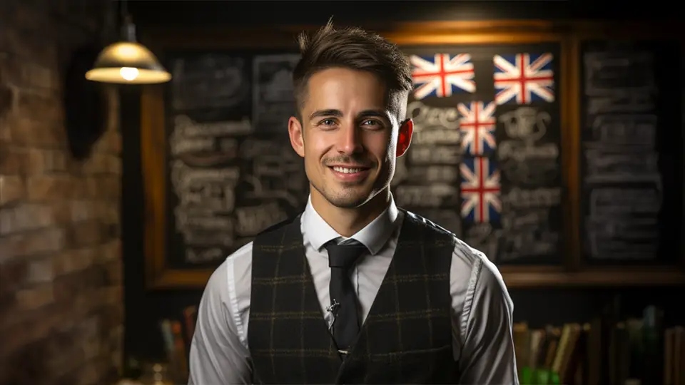 Angielski pub z brytyjskimi  flagami i uśmiechnięty facet
