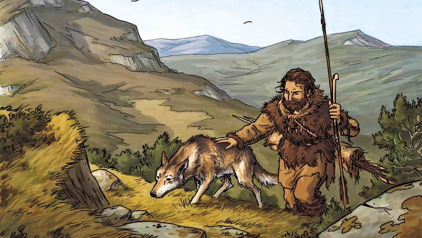 Łowca i jego pies na polowaniu