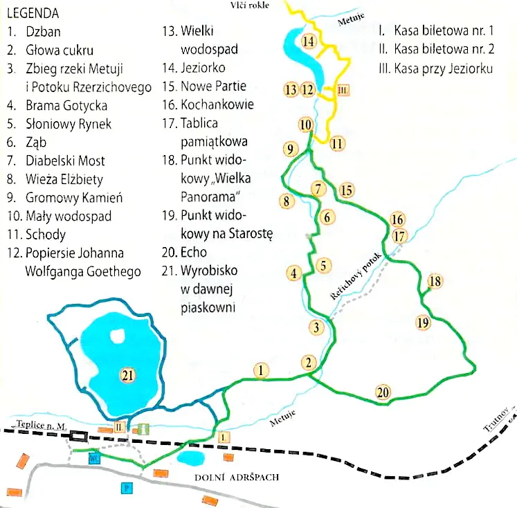 Mapa - Trasy i atrakcje Skalnego Miasta w Adrspach