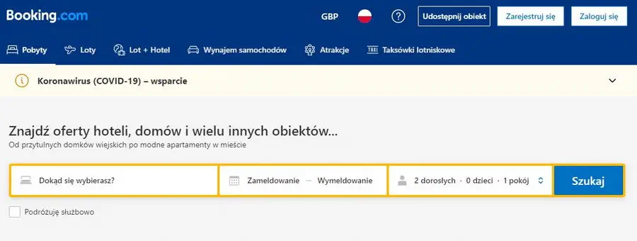 Booking.com i jego strona główna.