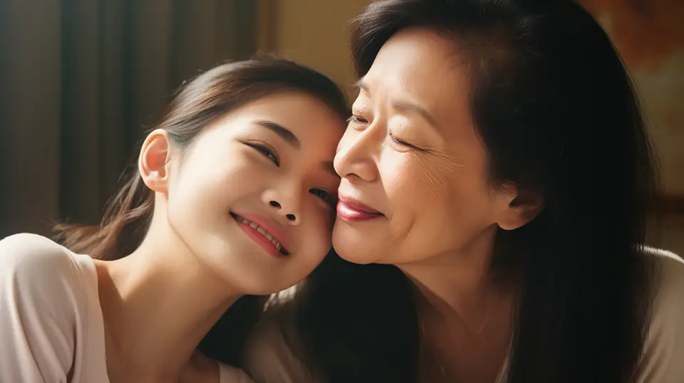 Chinka z córką uśmiechają się przytulone pełne miłości AI
