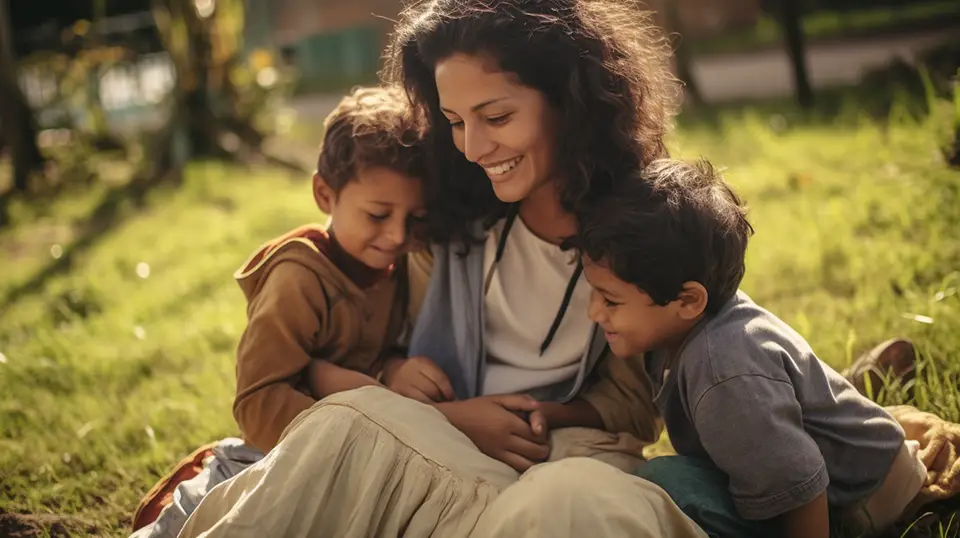 Dzień matki rodzina w parku dzieci i mama AI