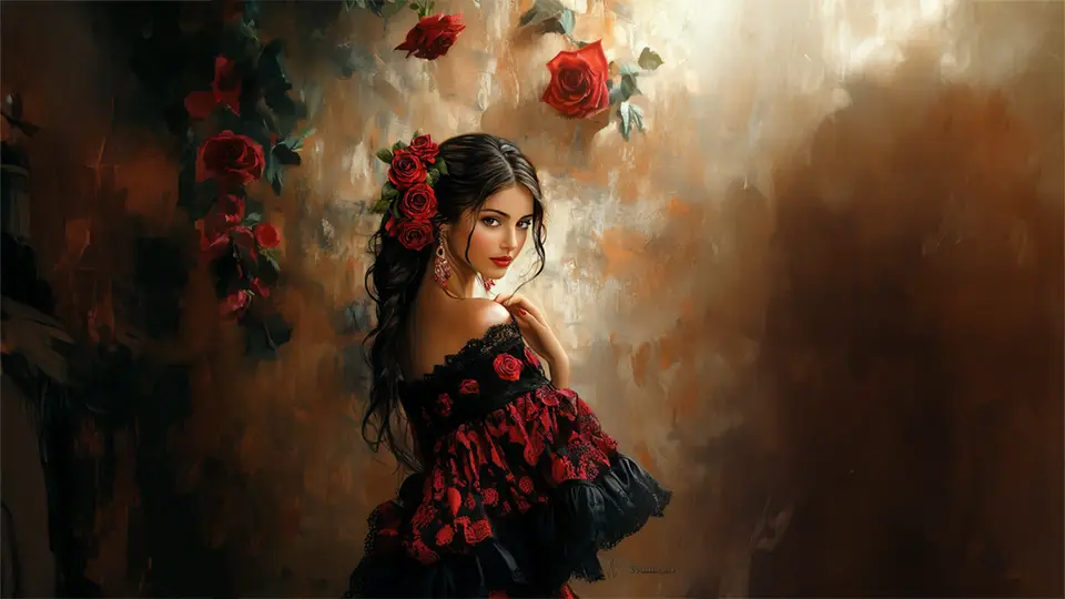 Hiszpańska dziewczyna tańcząca flamenco AI