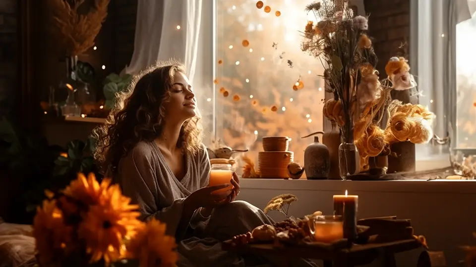 Relaks z drinkiem w łóżku stojącym w pokoju pełnym kwiatów AI