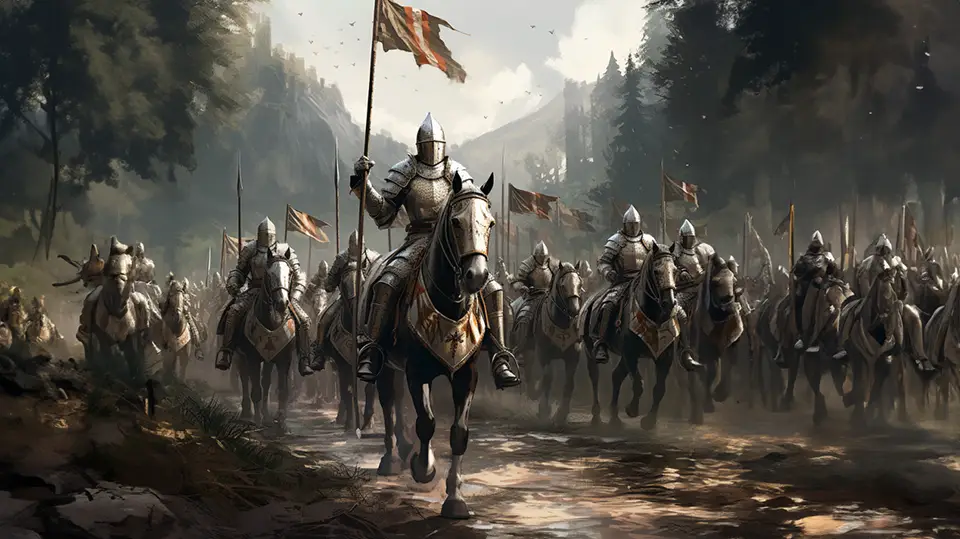 Rycerze jadący przez las AI