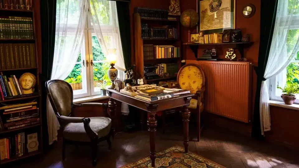 Dworek w Sikorzynie zabytkowy gabinet i biblioteka.