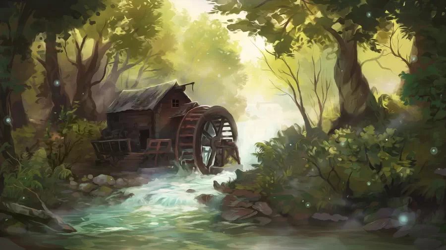 Młyn wodny na rzece w lesie