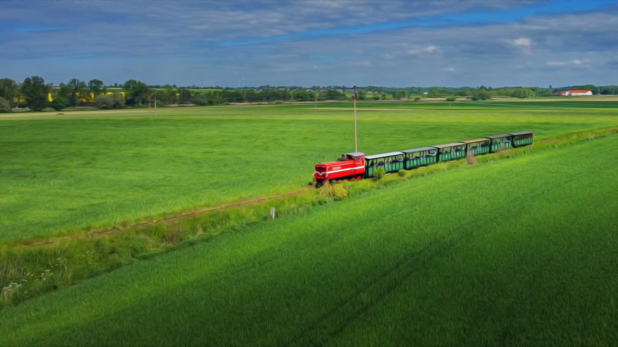 Kolejka Wąskotorowa w Żninie. Pociąg jedzie przez zielone pola koło Żnina