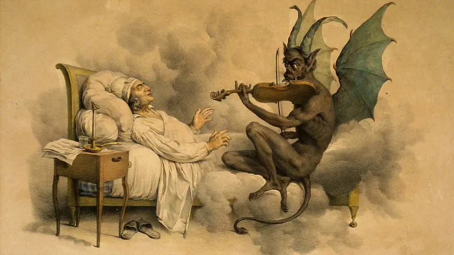 Diabeł przy łożu umierającego kusi pragnąc zdobyć duszę