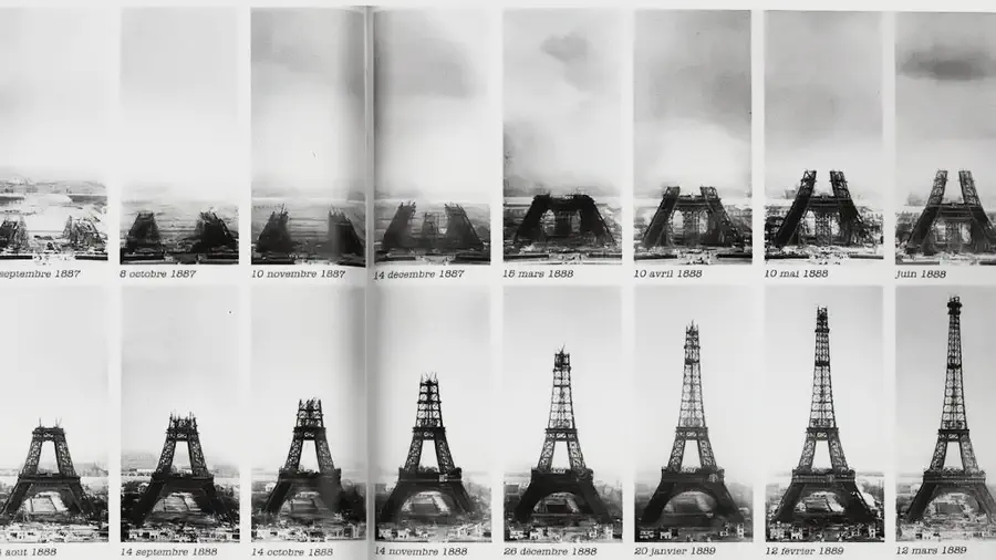 Kolejne etapy budowy Wieży Eiffla w Paryżu