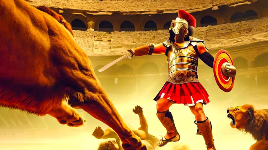 Gladiator i dzikie lwy na arenie Koloseum w Rzymie