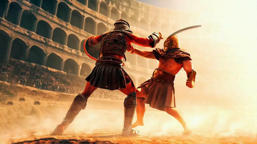 Walczący gladiatorzy na arenie w Koloseum w Rzymie