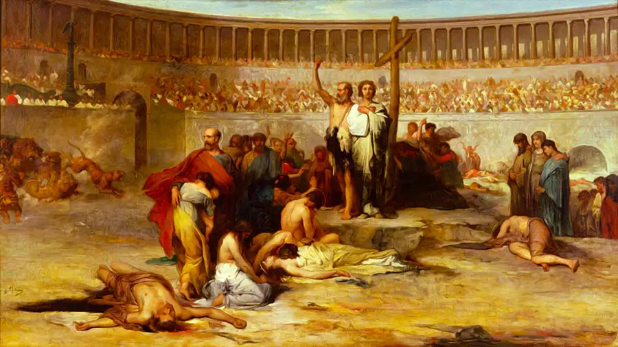 Obraz przedstawia scenę mordowania chrześcijan na arenie w Rzymie
