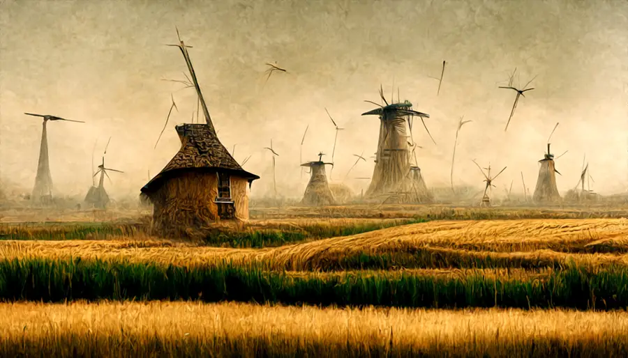 Młyn wiatrak na wsi wśród łanów zboża