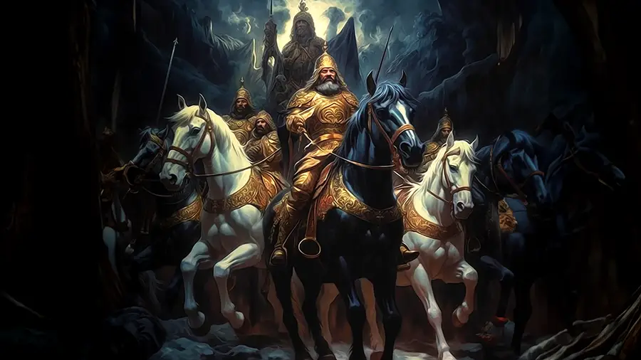 Król ze swym orszakiem jedzie przez las na koniach