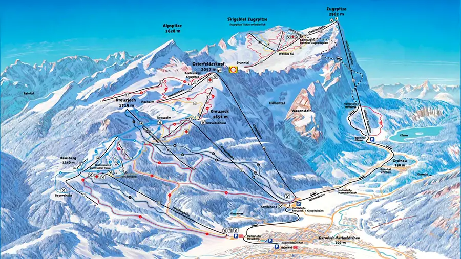 Mapa alpejskich szczytów z najwyższym Zugspitze w Niemczech 