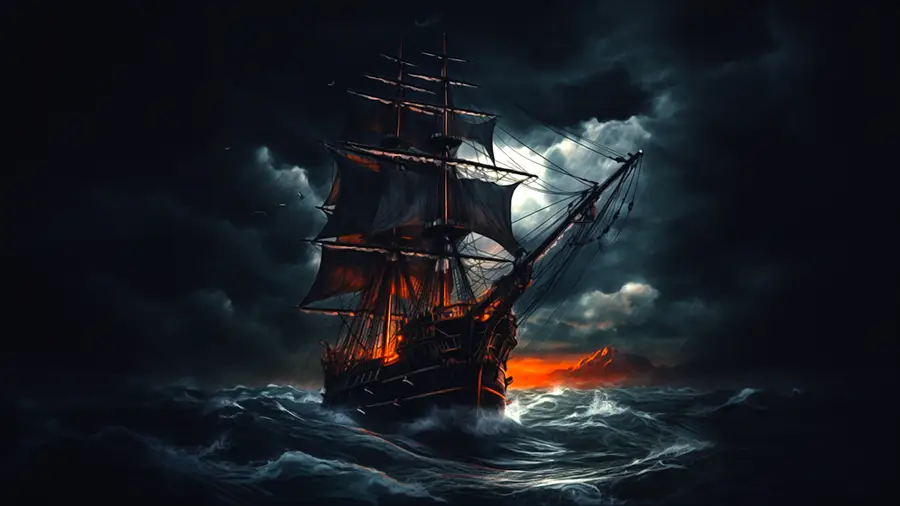 Piracki okręt na morzu podczas burzy