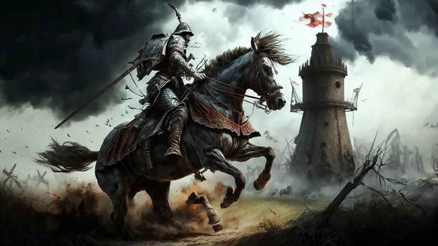 Rycerz na koniu wraca pokonany na zamek