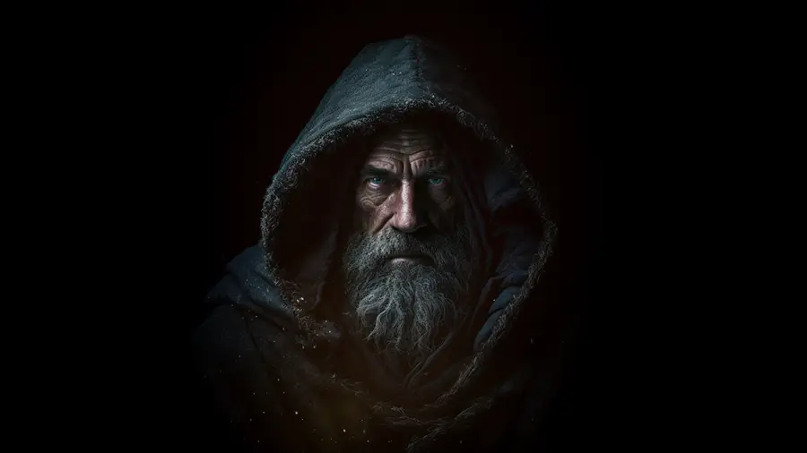 Starzec w kapturze i lichym podartym ubraniu