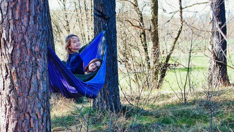 Dzieci w lesie na hamaku rozpiętym pomiędzy drzewami