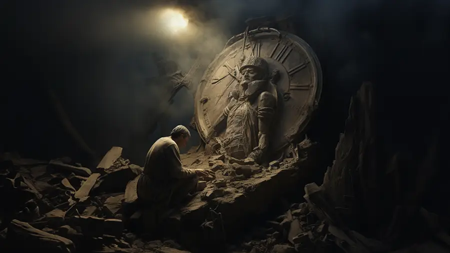 Archeolog i prace archeologiczne w starożytnym miejscu z kamiennymi artefaktami