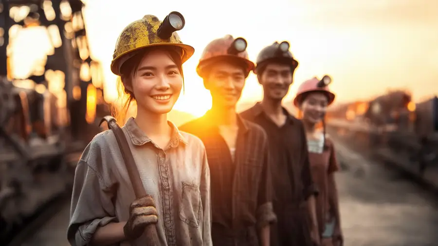 Dziewczyna Azjatka wraz z kolegami górnikami stoi przed kopalnią podczas zachodu słońca
