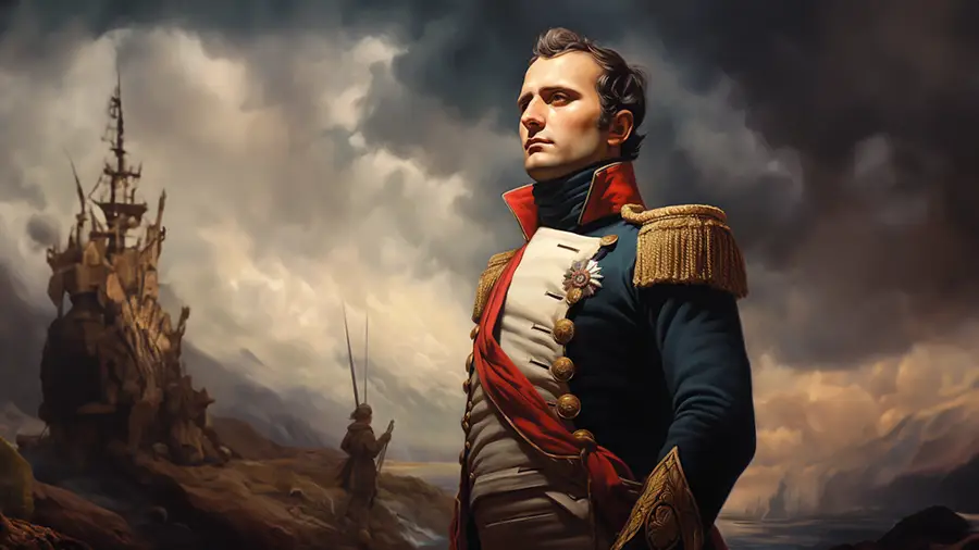 Napoleon Bonaparte stojący na polu bitwy