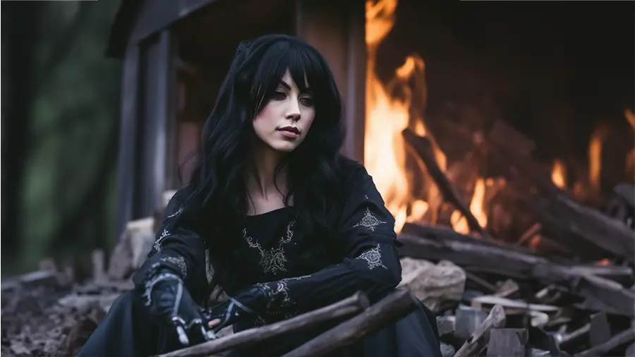 Zamyślona piękna dziewczyna siedzi na ziemi przy płonącym domu