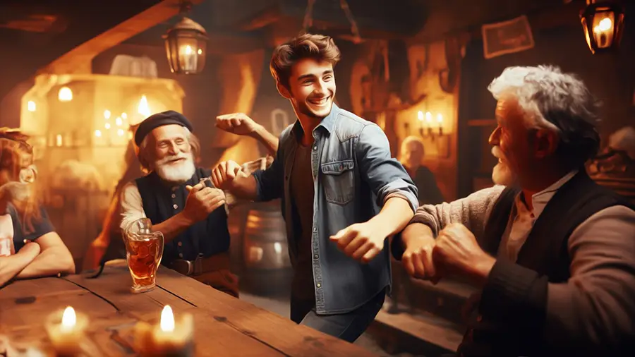 Młody chłopak w restauracji, barze, karczmie bawi się ze starymi kolegami
