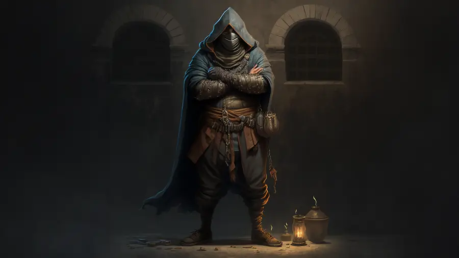 Rabuś i bandyta z legend w mieście kryjący się w ciemnym zaułku