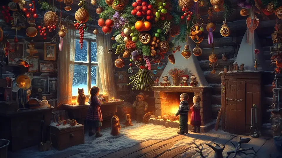 Boże Narodzenie w starej słowiańskiej chacie. Dzieci cieszą się ozdobami i smakołykami.