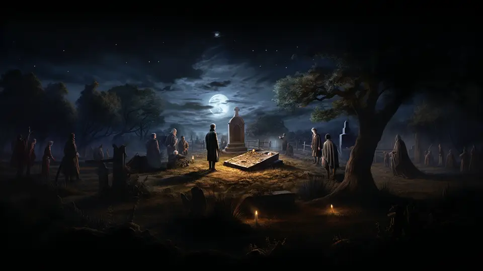 Wieśniacy rozkopujący groby. Księżycowa noc na cmentarzu