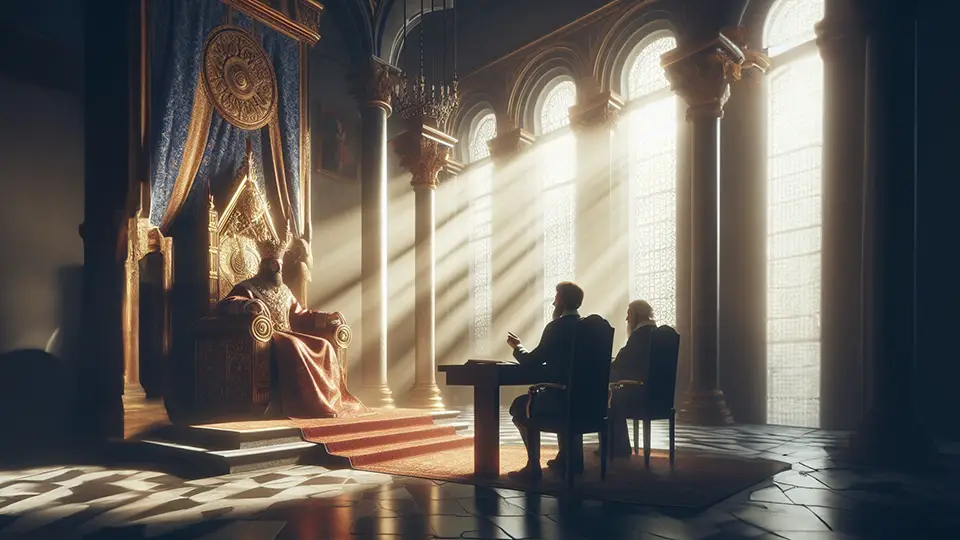 Sala tronowa i król na tronie z doradcami